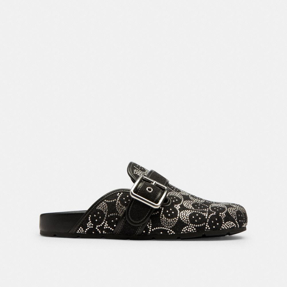 COACH®,Archival Buckle Clog With Crystal Signature,Denim,Leather,Rubber,Clogs,Crystal,Glitter,Logo,Cushioned,Traction,Gunmeta,Black,Angle View