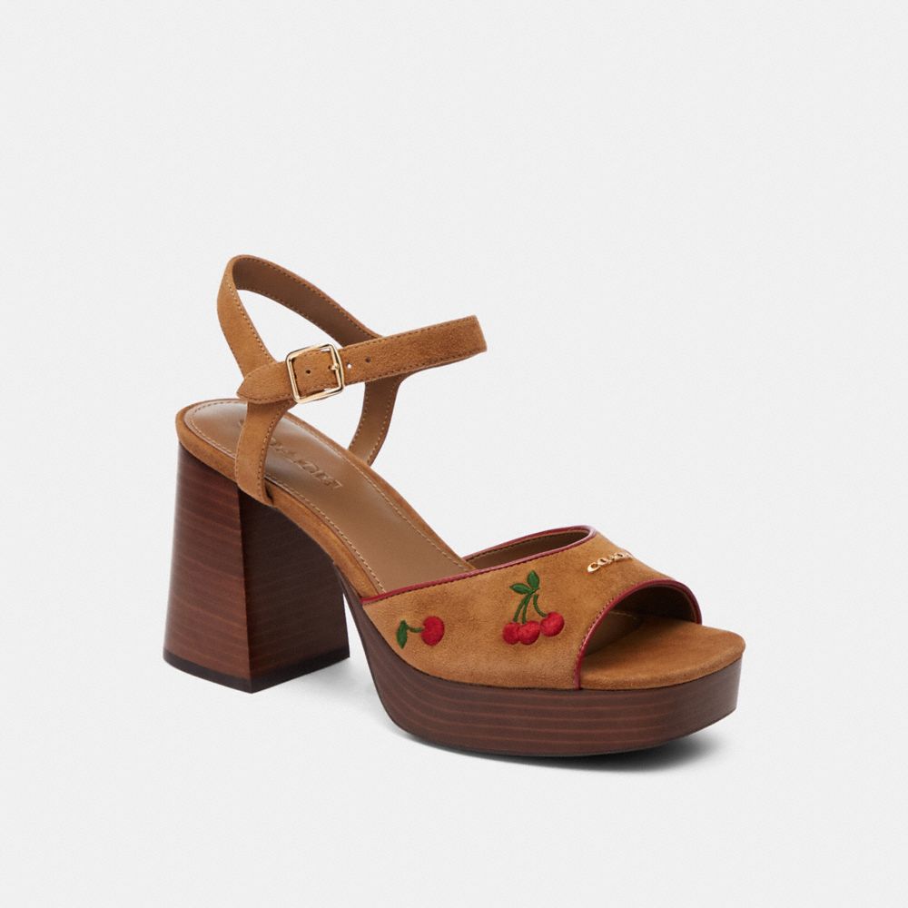 COACH®,Block Heel Sandal With Cherry Embroidery,,Front View