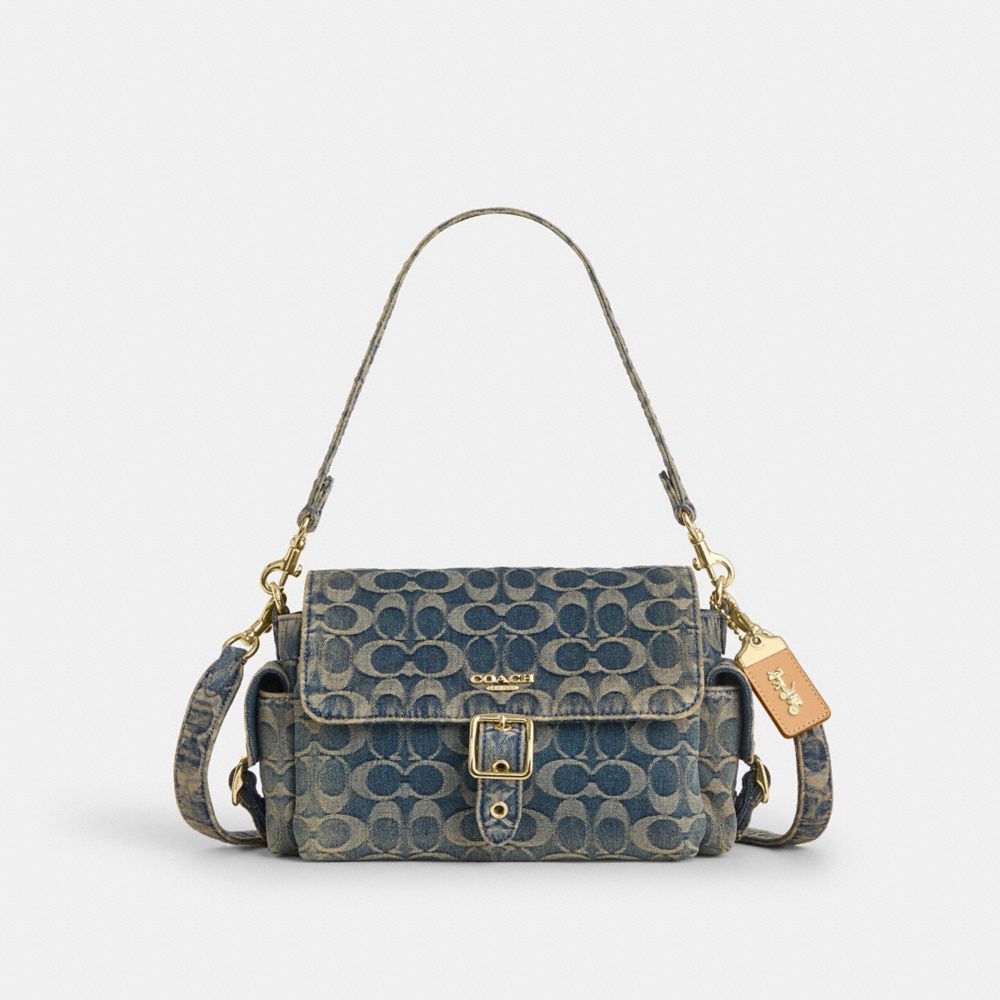 COACH®,Sac porté épaule Alice en denim Signature Regenerative Cotton,Moyen,Or/Lin,Front View