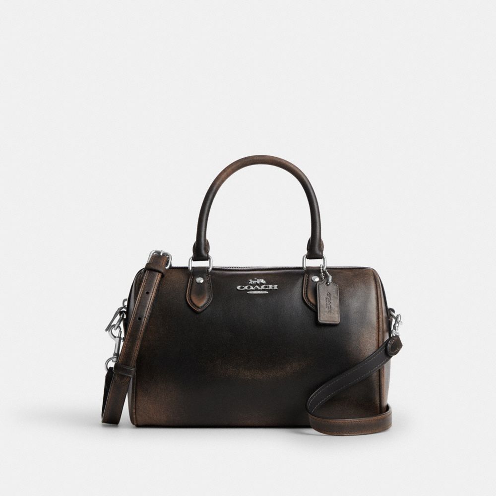 COACH®,Sac Satchel Rowan en Cuir Loved,Moyen,Argent/Noir Marron,Front View