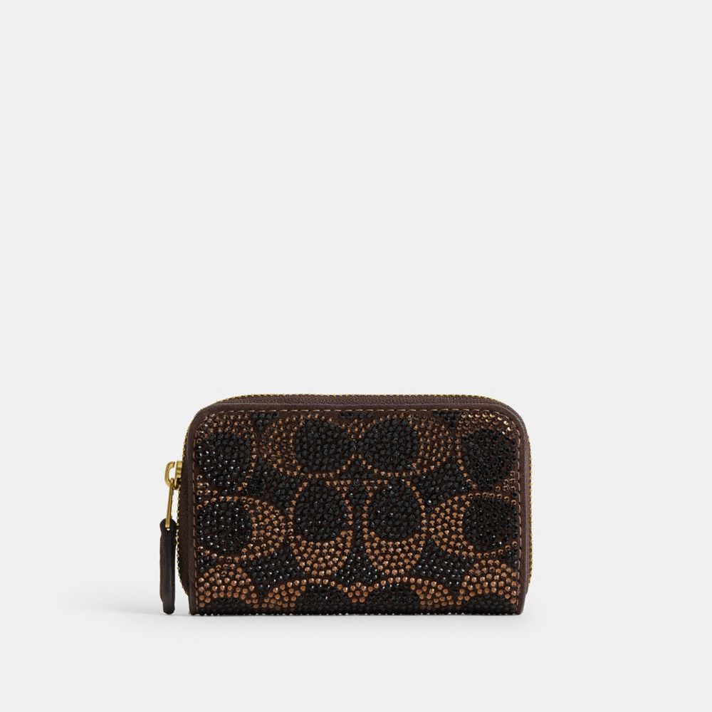 COACH®, エッセンシャル スモール ジップ アラウンド カード ケース・クリスタル シグネチャー, カードケース＆パスケース,ﾌﾞﾗｽ/ﾀﾞｰｸ ﾁｮｺﾚｰﾄ,Front View