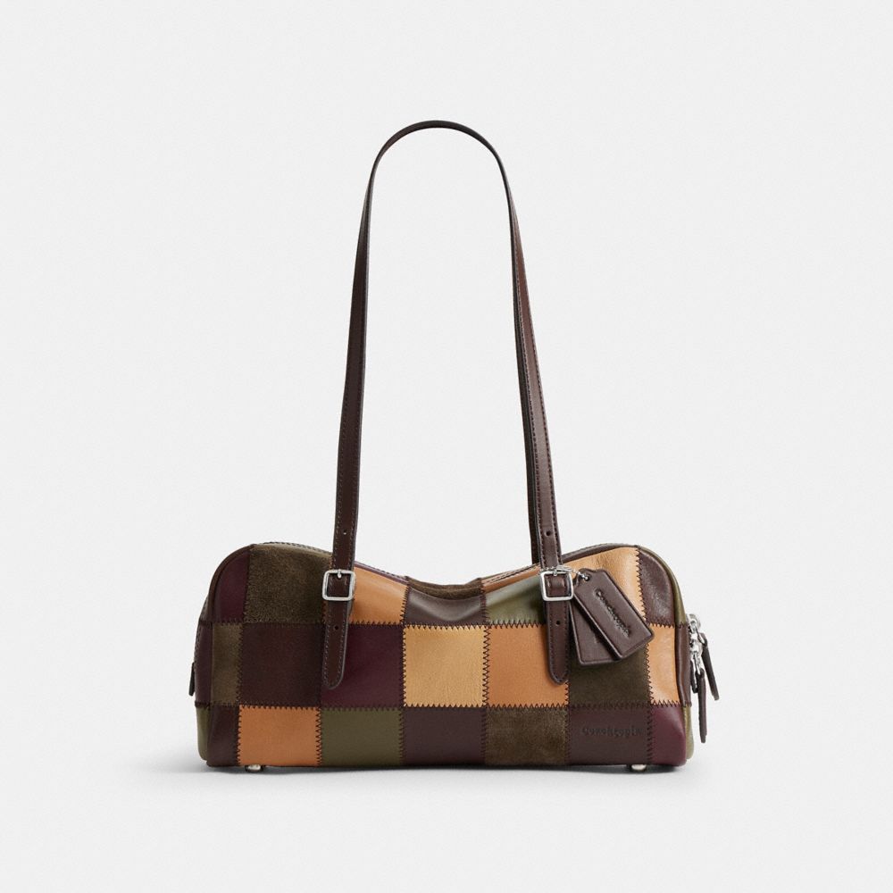 COACH®,Alter/Ego Slouchy Satchel Bag,Recycled Polyester,Leather,Suede,Satchel,Shoulder Bag,Patchwork,Sustainable,Adjustable,B,Multi Color,Front View