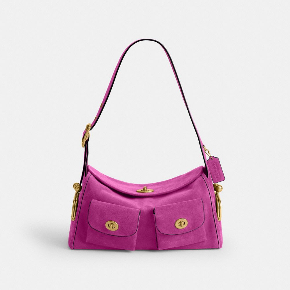 COACH®,Turnlock Haversack Bag,Suede,Cotton,Calfskin Leather,Shoulder Bag,Logo,Adjustable,Brass,Casual,Pink,Front View