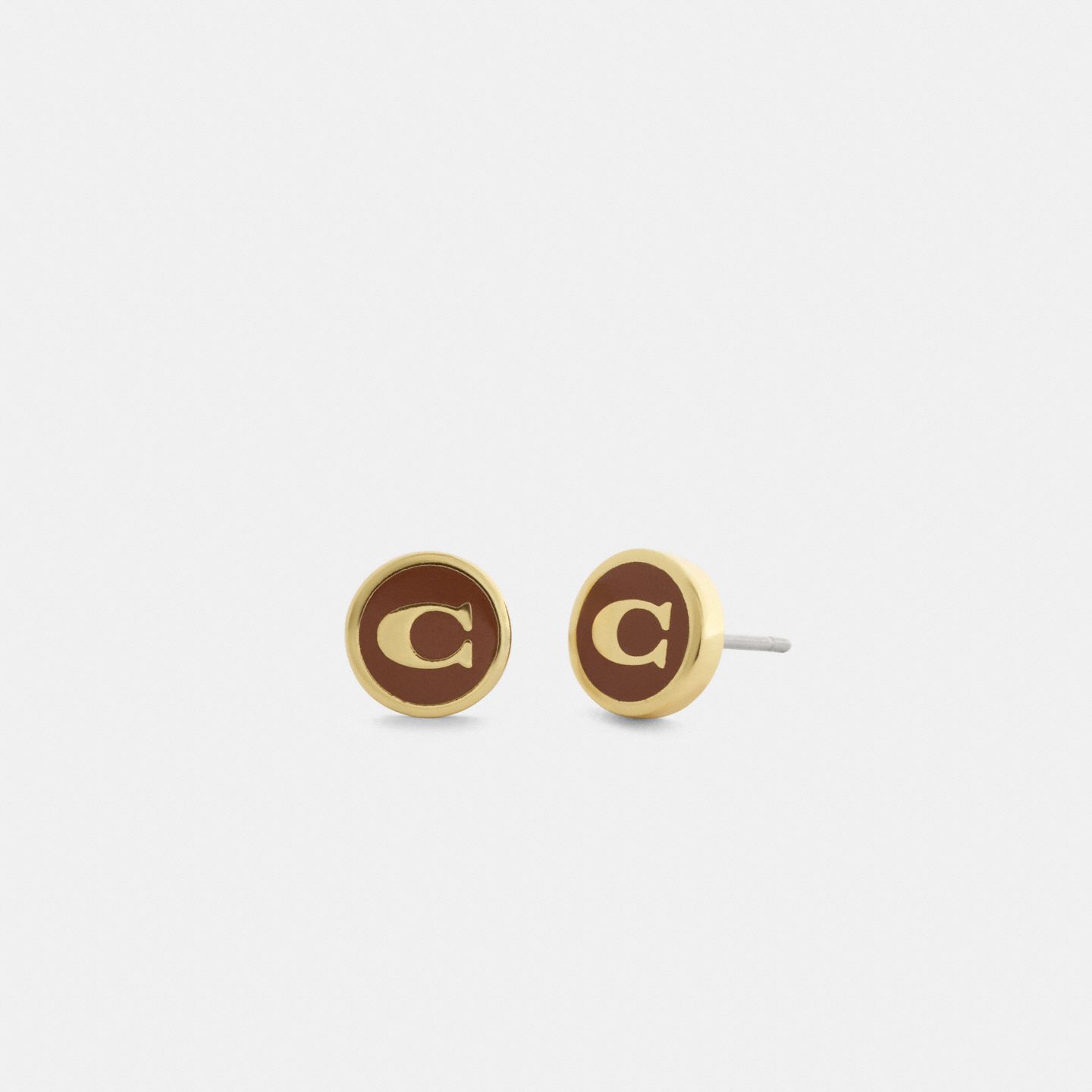 Серьги-гвоздики Coach Signature с эмалью, цвет: Золотой / Коричневый — фото 1