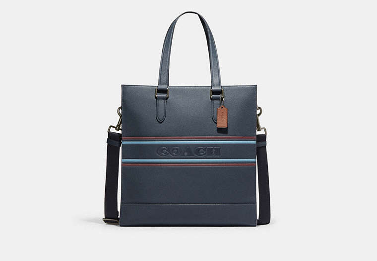 COACH®,GRAHAM STRUCTURED TOTE WITH COACH STRIPE,Leather,Large,Gunmetal/Denim Multi,Front View
