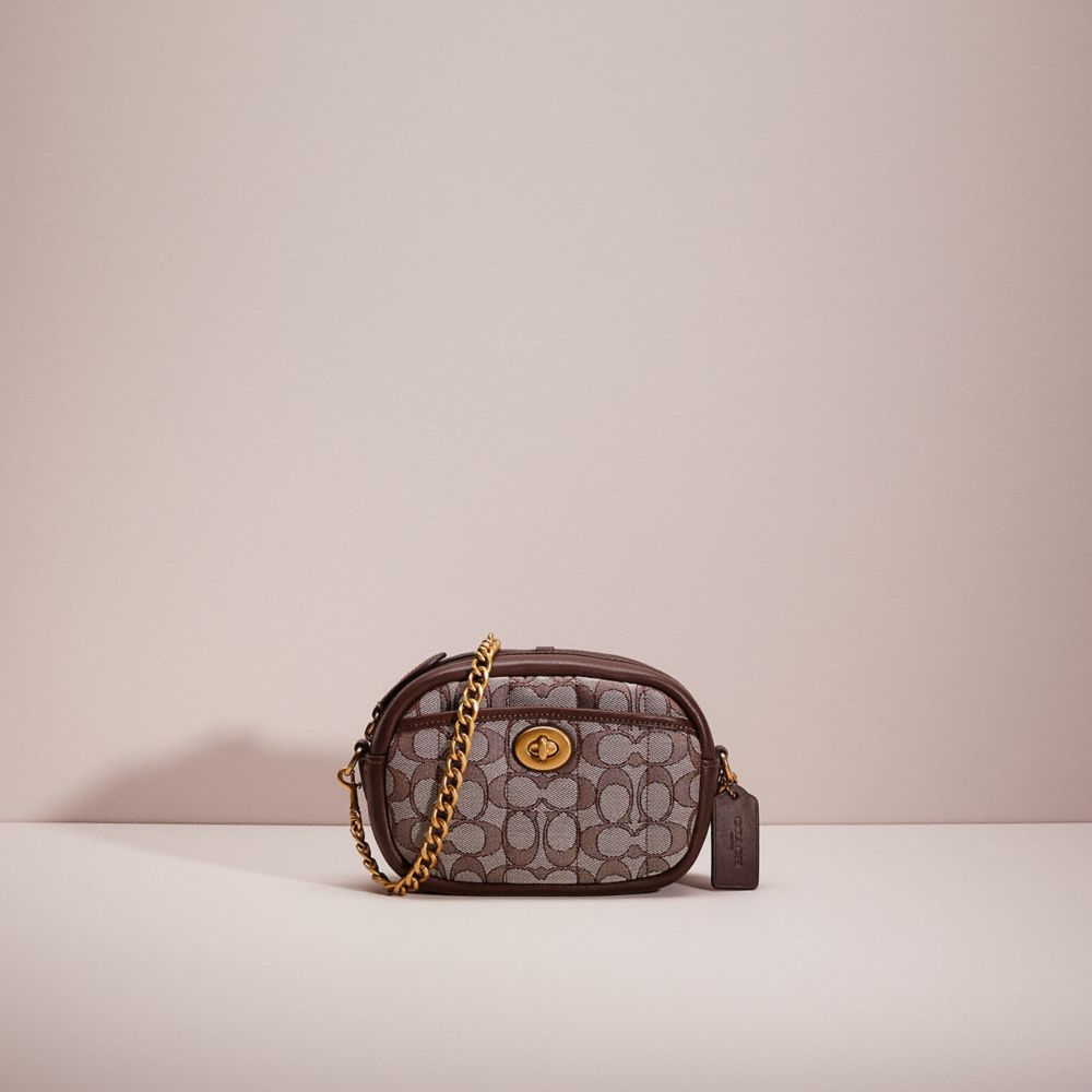 COACH®,RESTORED SMALL CAMERA BAG IN SIGNATURE JACQUARD WITH QUILTING,Signature Jacquard,Mini,Brass/Oak Maple,Front View
