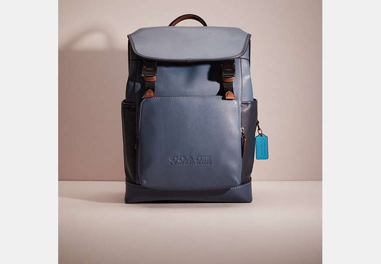COACH®,RESTORED LEAGUE FLAP BACKPACK IN COLORBLOCK,Refined Calf Leather,Father's day,Black Copper/Blue Quartz Multi,Front View