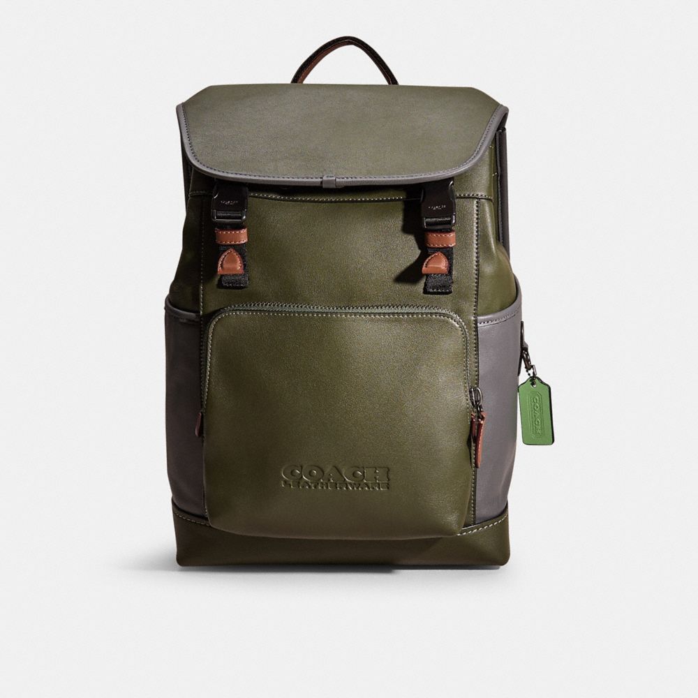 COACH®,RESTORED LEAGUE FLAP BACKPACK IN COLORBLOCK,Refined Calf Leather,Father's day,Black Copper/Dark Shamrock Multi,Front View