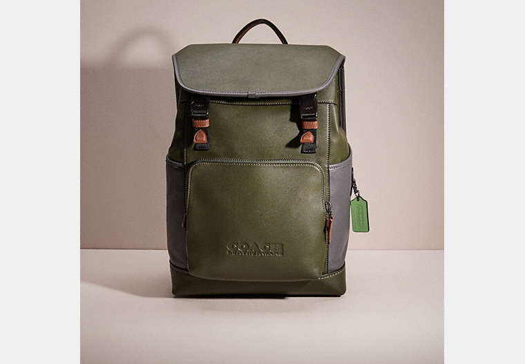 COACH®,RESTORED LEAGUE FLAP BACKPACK IN COLORBLOCK,Refined Calf Leather,Father's day,Black Copper/Dark Shamrock Multi,Front View
