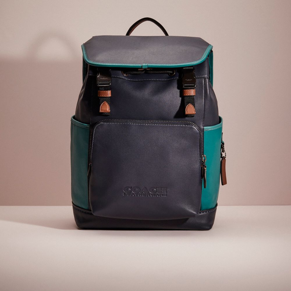 COACH®,RESTORED LEAGUE FLAP BACKPACK IN COLORBLOCK,Refined Calf Leather,Father's day,Black Copper/Ocean Multi,Front View