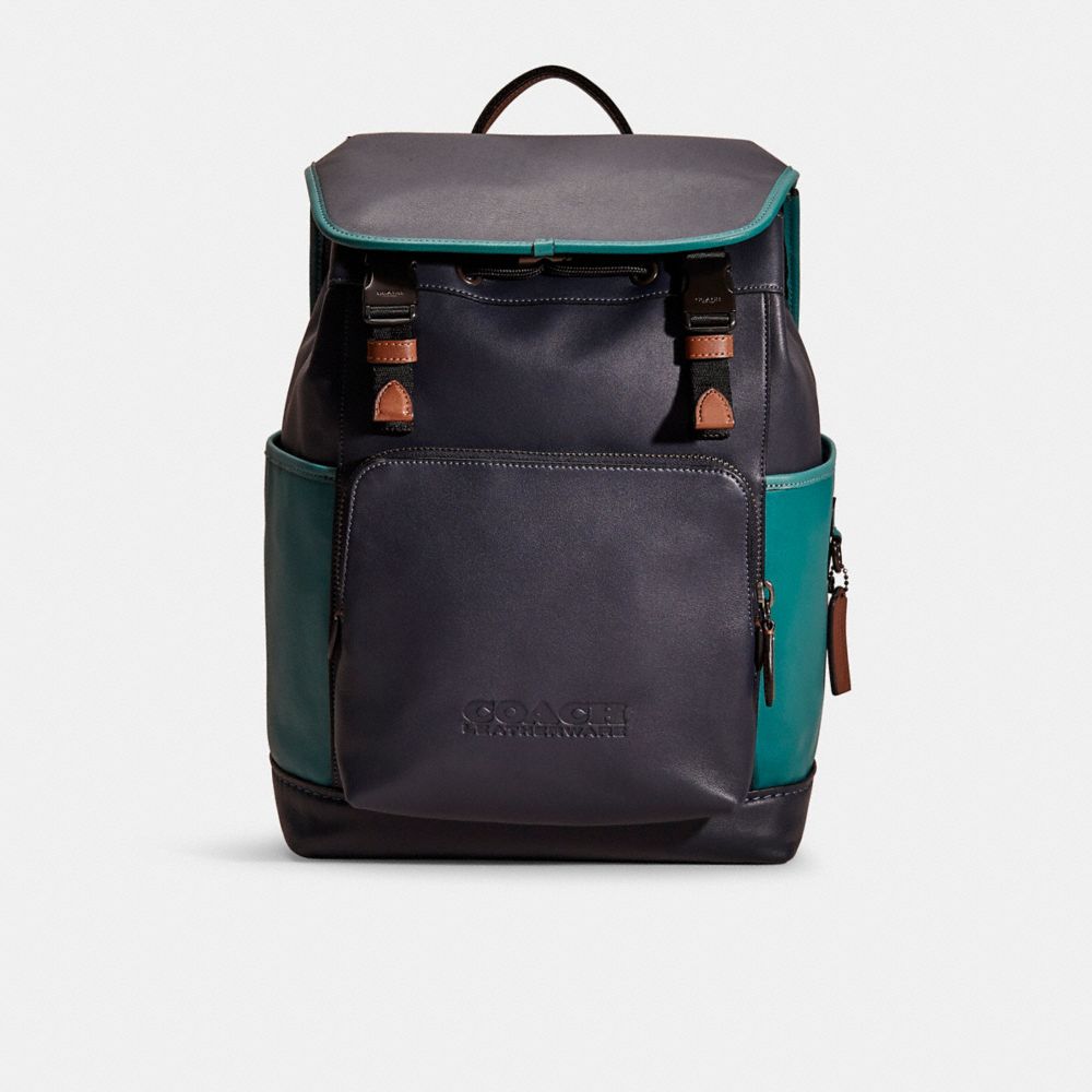 COACH®,RESTORED LEAGUE FLAP BACKPACK IN COLORBLOCK,Refined Calf Leather,Father's day,Black Copper/Ocean Multi,Front View