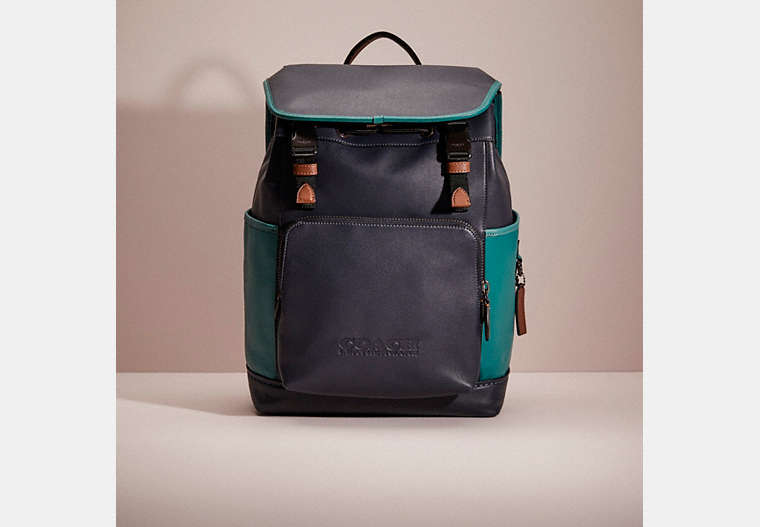 COACH®,RESTORED LEAGUE FLAP BACKPACK IN COLORBLOCK,Refined Calf Leather,X-Large,Father's day,Black Copper/Ocean Multi,Front View