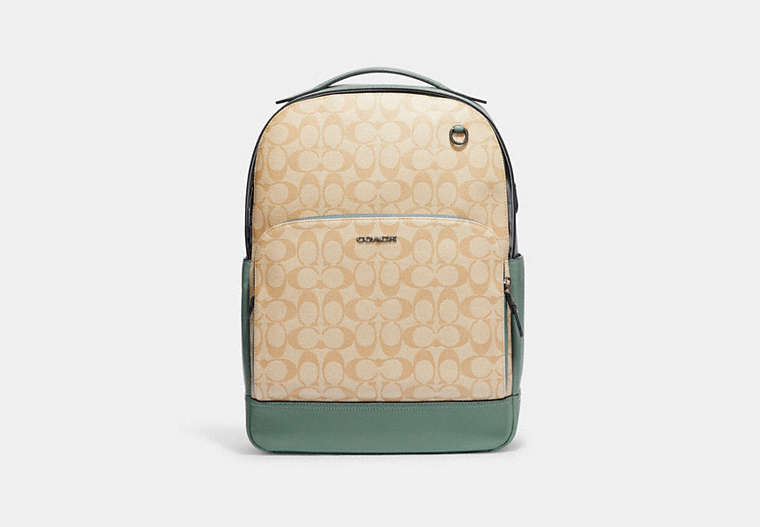 COACH®,GRAHAM BACKPACK IN COLORBLOCK SIGNATURE CANVAS,X-Large,Black Antique Nickel/Light Khaki/Sage,Front View