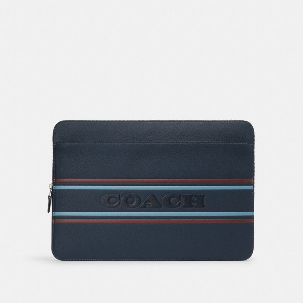 COACH®,LAPTOP CASE WITH COACH STRIPE,Leather,Medium,Gunmetal/Denim Multi,Front View