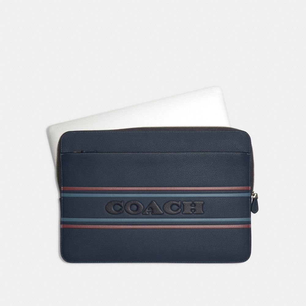 COACH®,LAPTOP CASE WITH COACH STRIPE,Medium,Gunmetal/Denim Multi,Inside View,Top View