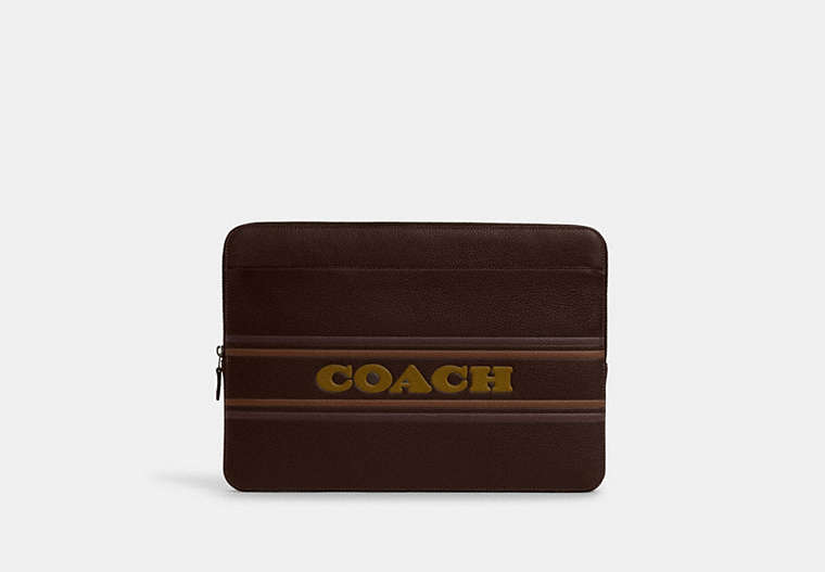 COACH®,LAPTOP CASE WITH COACH STRIPE,Leather,Medium,Gunmetal/Mahogany Multi,Front View