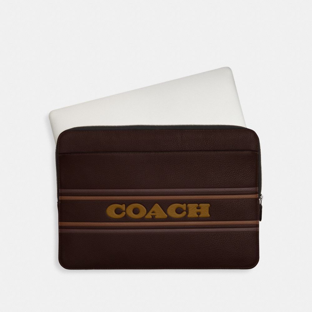 COACH®,LAPTOP CASE WITH COACH STRIPE,Medium,Gunmetal/Mahogany Multi,Inside View,Top View