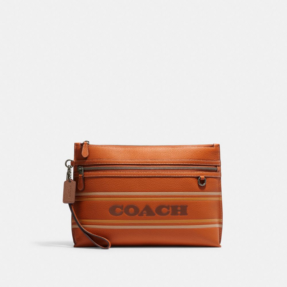 COACH®,POCHETTE FOURRE-TOUT AVEC BANDE COACH,Cuir,Nickel Noir Patiné/Canyon multi,Front View