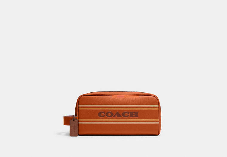 COACH®,LARGE TRAVEL KIT WITH COACH STRIPE,Leather,Medium,Black Antique Nickel/Canyon Multi,Front View