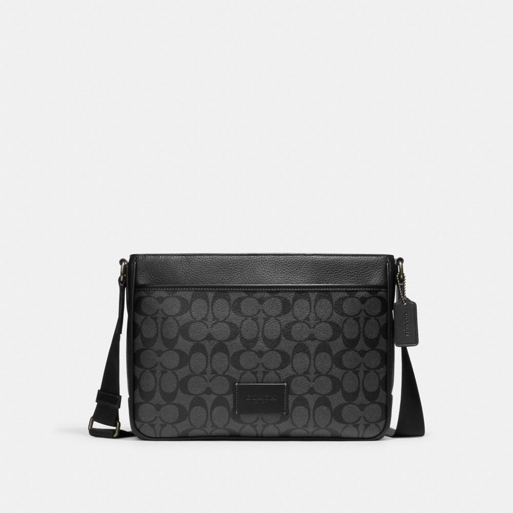 COACH®,DISTRICT CROSSBODY BAG IN SIGNATURE CANVAS,Signature Canvas,Medium,Gunmetal/Charcoal/Black,Front View