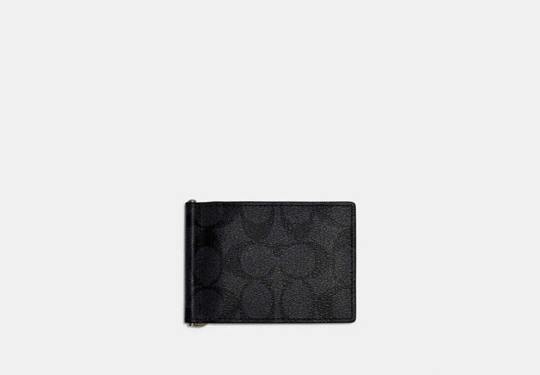 COACH®,SLIM MONEY CLIP BILLFOLD WALLET IN SIGNATURE CANVAS,Gunmetal/Charcoal/Black,Front View