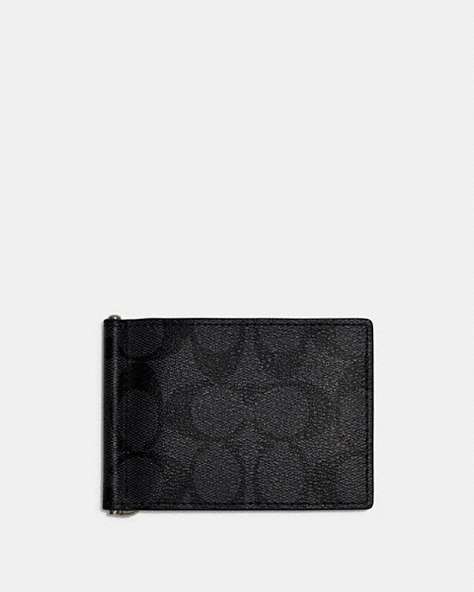 COACH®,SLIM MONEY CLIP BILLFOLD WALLET IN SIGNATURE CANVAS,Gunmetal/Charcoal/Black,Front View