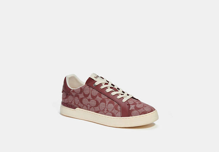 COACH®,CLIP LOW TOP SNEAKER IN SIGNATURE CHAMBRAY,Wine,Front View