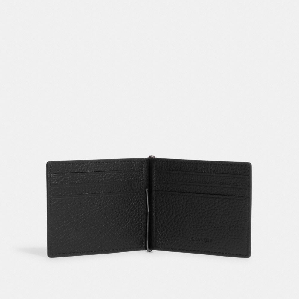 COACH®,SLIM MONEY CLIP BILLFOLD WALLET,Pebbled Leather,Gunmetal/Black,Inside View,Top View