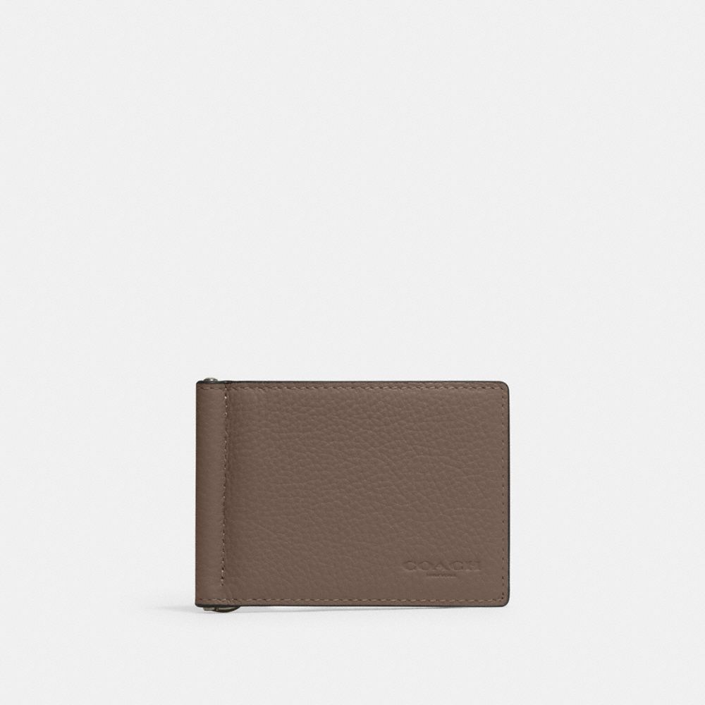 COACH®,SLIM MONEY CLIP BILLFOLD WALLET,Pebbled Leather,Qb/Dark Stone,Front View