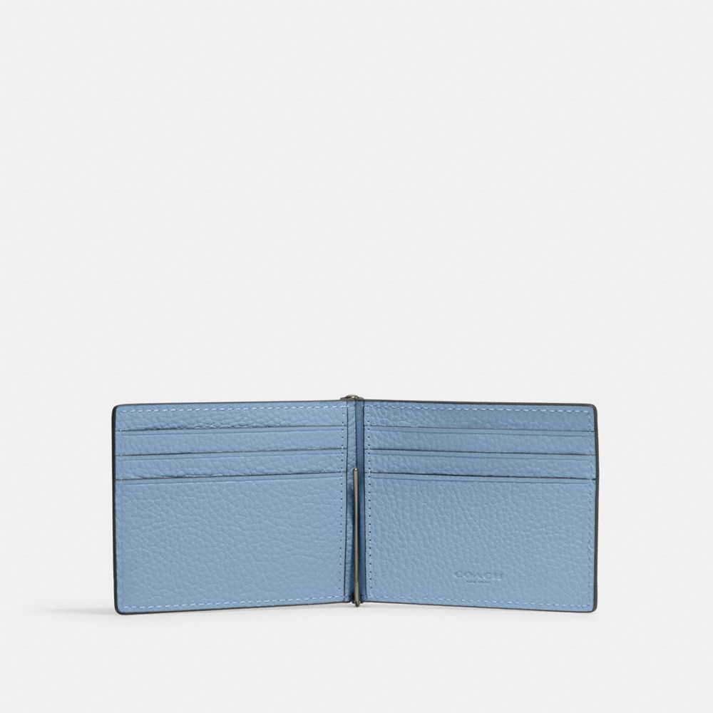 COACH®,SLIM MONEY CLIP BILLFOLD WALLET,Pebbled Leather,Gunmetal/Cornflower,Inside View,Top View