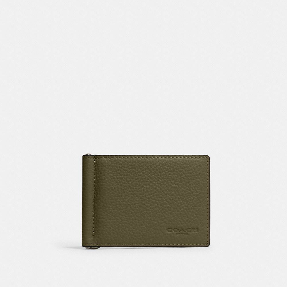 COACH®,SLIM MONEY CLIP BILLFOLD WALLET,Pebbled Leather,Gunmetal/Olive Drab,Front View