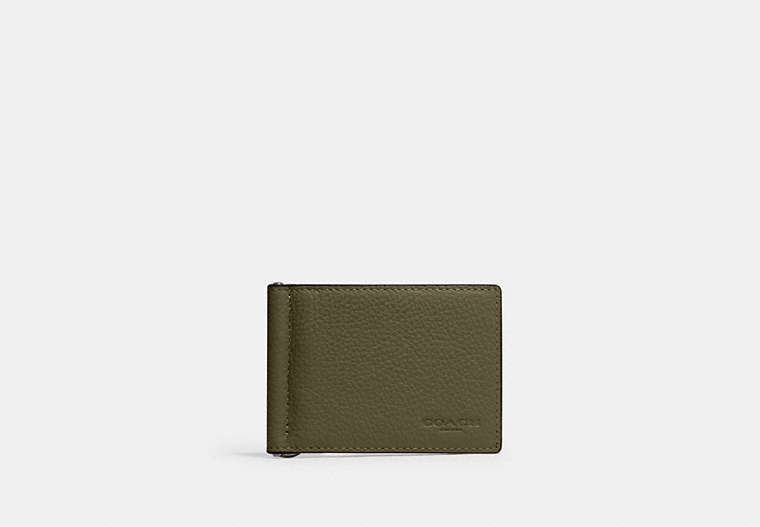 COACH®,SLIM MONEY CLIP BILLFOLD WALLET,Leather,Gunmetal/Olive Drab,Front View