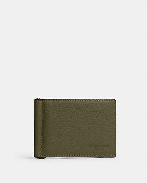 COACH®,SLIM MONEY CLIP BILLFOLD WALLET,Leather,Gunmetal/Olive Drab,Front View