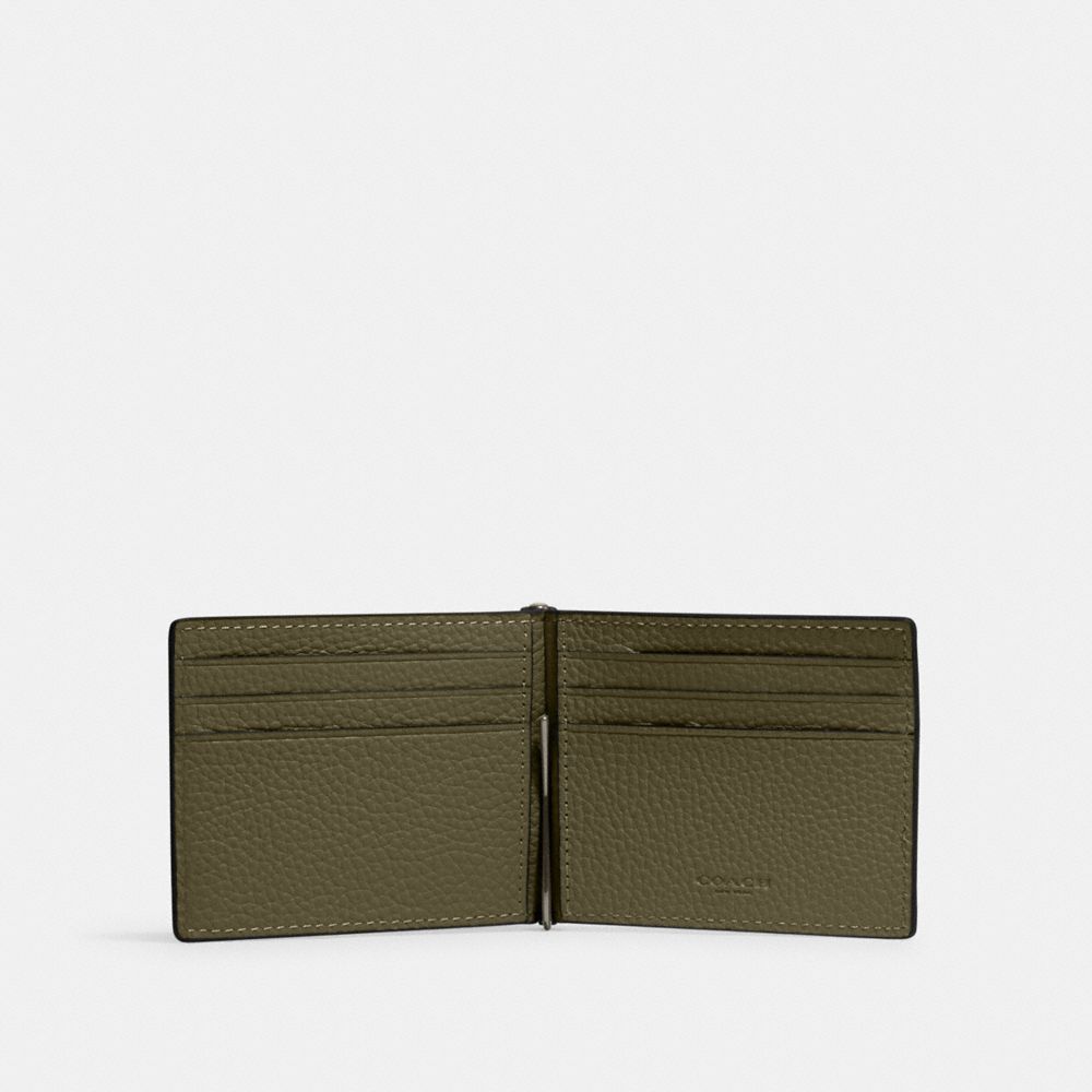 COACH®,SLIM MONEY CLIP BILLFOLD WALLET,Pebbled Leather,Gunmetal/Olive Drab,Inside View,Top View