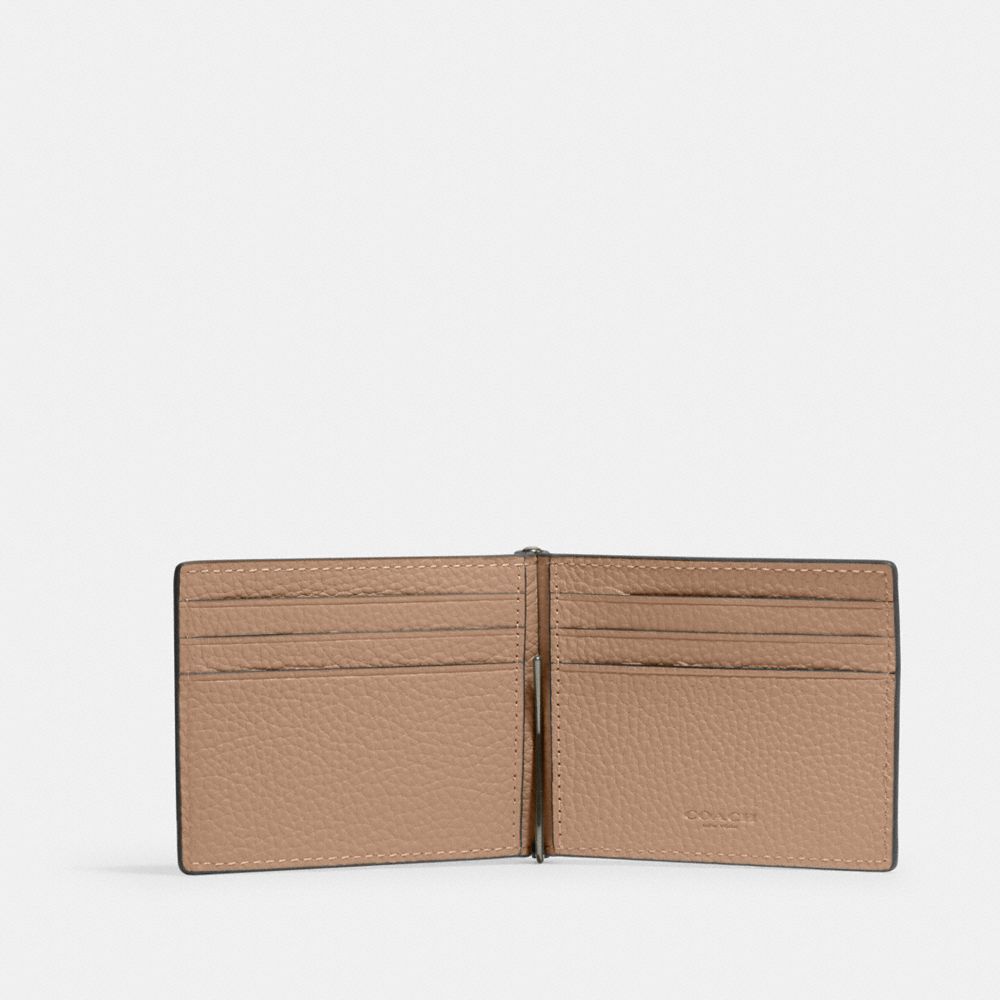 COACH®,Slim Money Clip Billfold Wallet,Leather,Bi Fold,Money Clip,Casual,Beige,Inside View,Top View