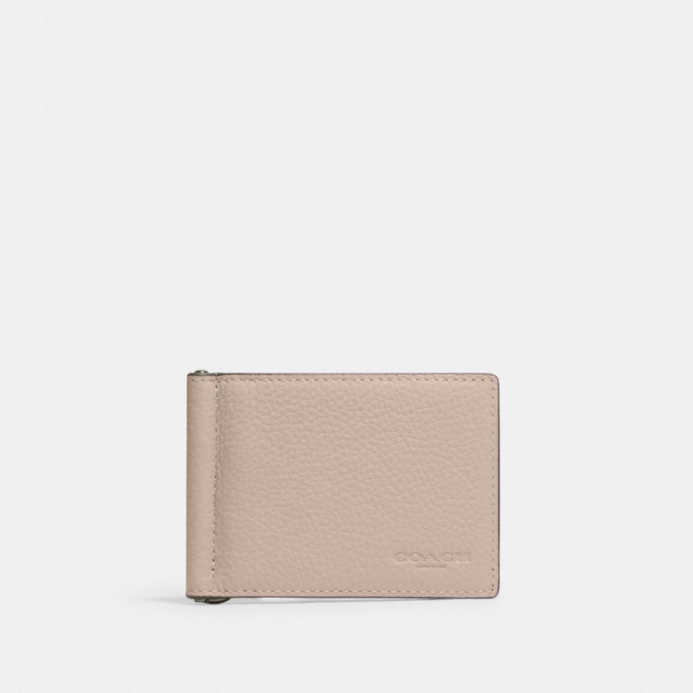 COACH®,SLIM MONEY CLIP BILLFOLD WALLET,Pebbled Leather,Black Antique Nickel/Steam,Front View