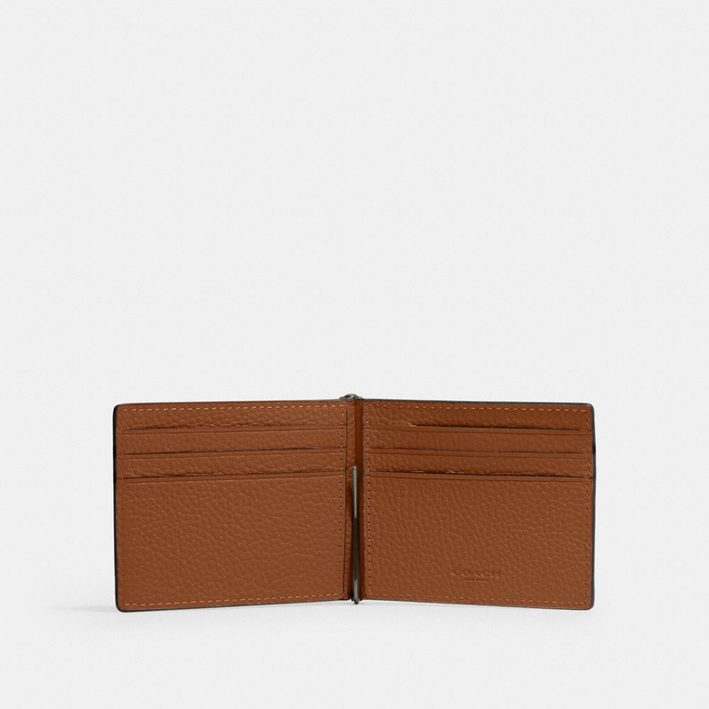 COACH®,Slim Money Clip Billfold Wallet,Leather,Bi Fold,Money Clip,Casual,Brown,Inside View,Top View