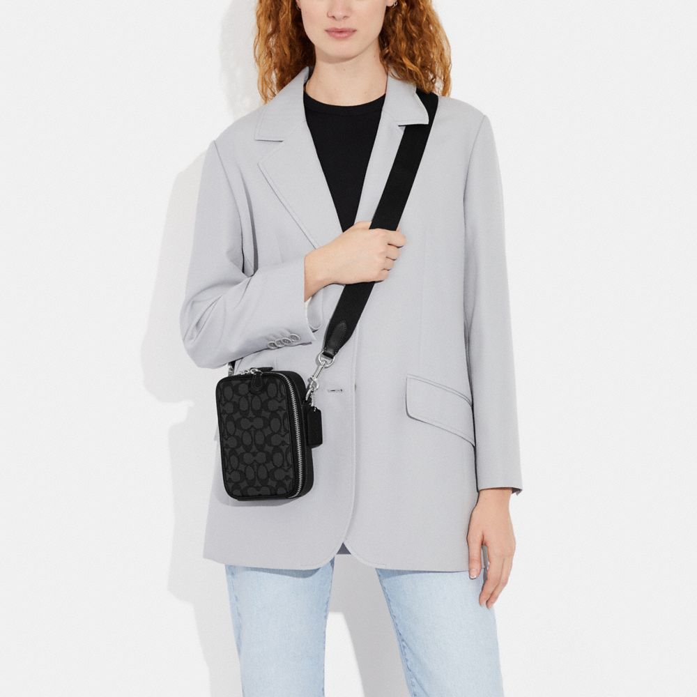 COACH®,Stanton Crossbody In Signature Jacquard,Recycled Polyester,Cotton Blend,Calfskin Leather,Leather,Crossbody,Color Bl...,Gray,Detail View