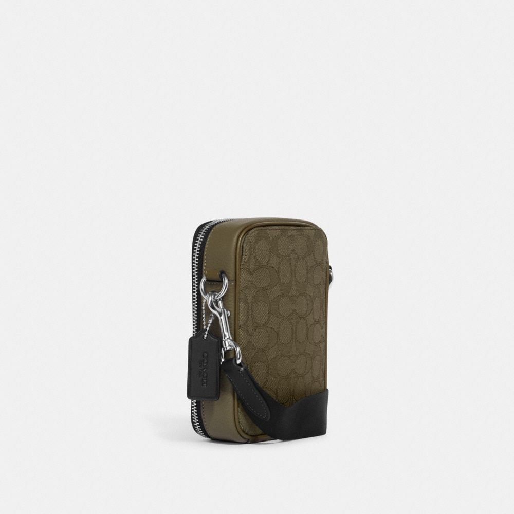 COACH®,PORTÉ-CROISÉ STANTON EN JACQUARD SIGNATURE,Argent/Olive terne/Vert utilitaire,Angle View