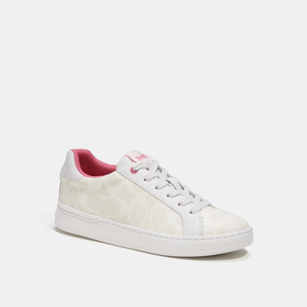 COACH®,CLIP LOW TOP SNEAKER IN SIGNATURE CANVAS,Leather,Optic White/ Petunia,Front View