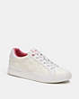 COACH®,CLIP LOW TOP SNEAKER IN SIGNATURE CANVAS,Leather,Optic White/ Petunia,Front View