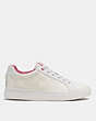 COACH®,CLIP LOW TOP SNEAKER IN SIGNATURE CANVAS,Leather,Optic White/ Petunia,Angle View
