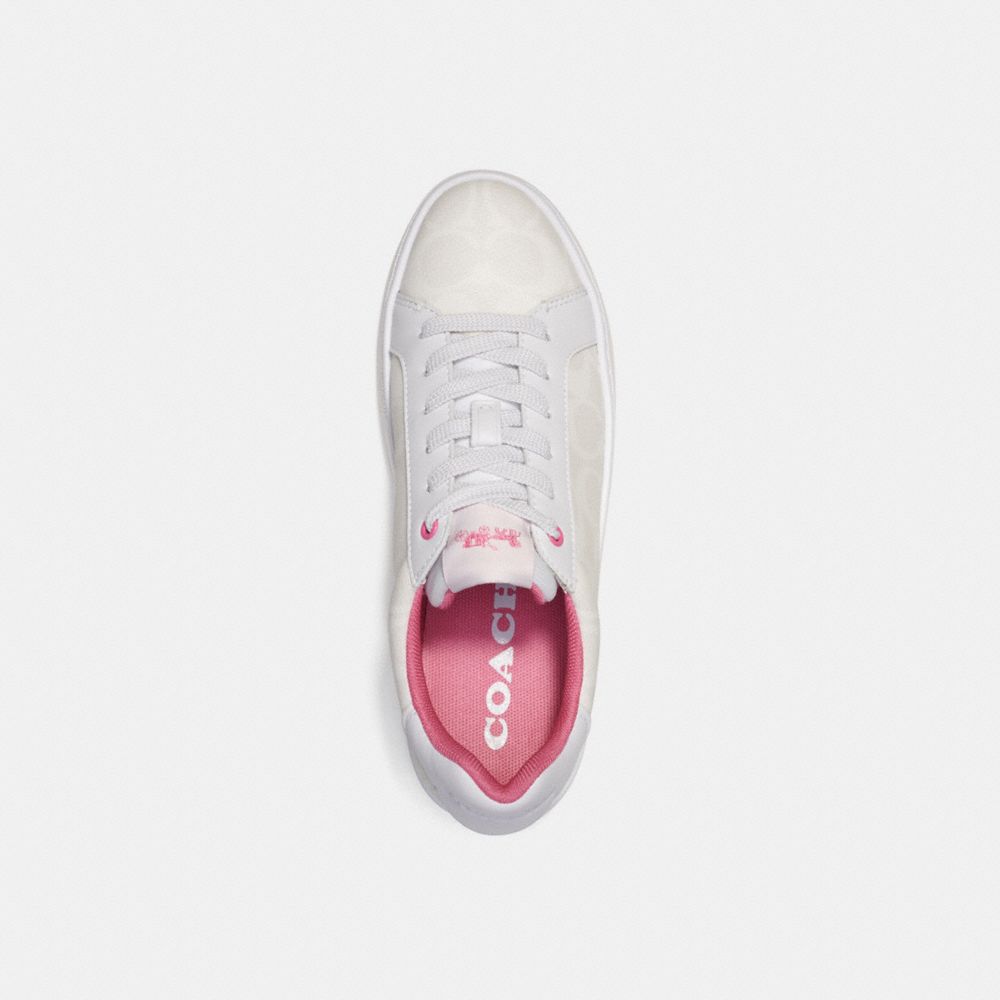 COACH®,CLIP LOW TOP SNEAKER IN SIGNATURE CANVAS,Leather,Optic White/ Petunia,Inside View,Top View