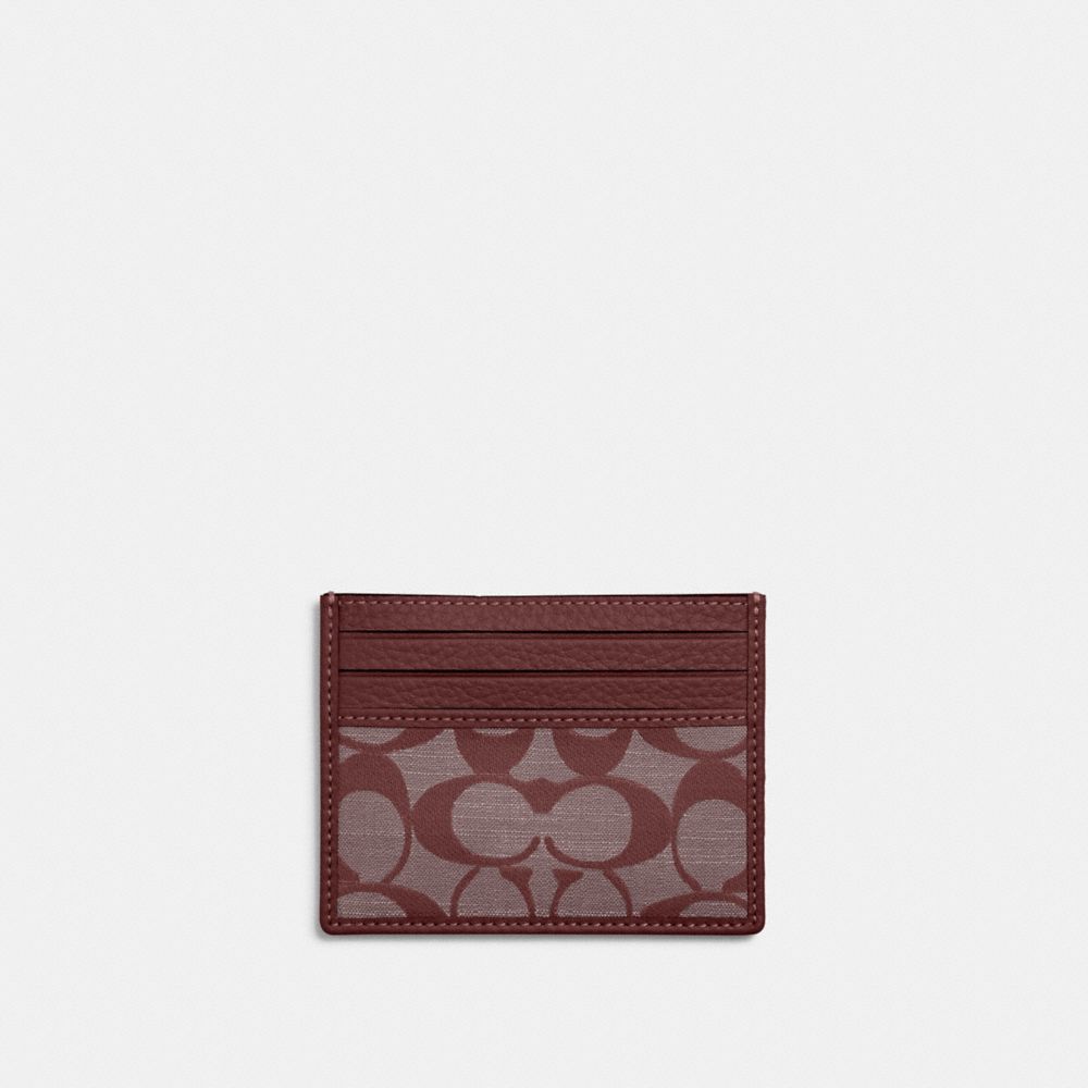 COACH®,SLIM ID CARD CASE IN SIGNATURE CHAMBRAY,Denim,Brass/Wine,Front View