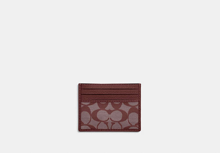 COACH®,SLIM ID CARD CASE IN SIGNATURE CHAMBRAY,Brass/Wine,Front View