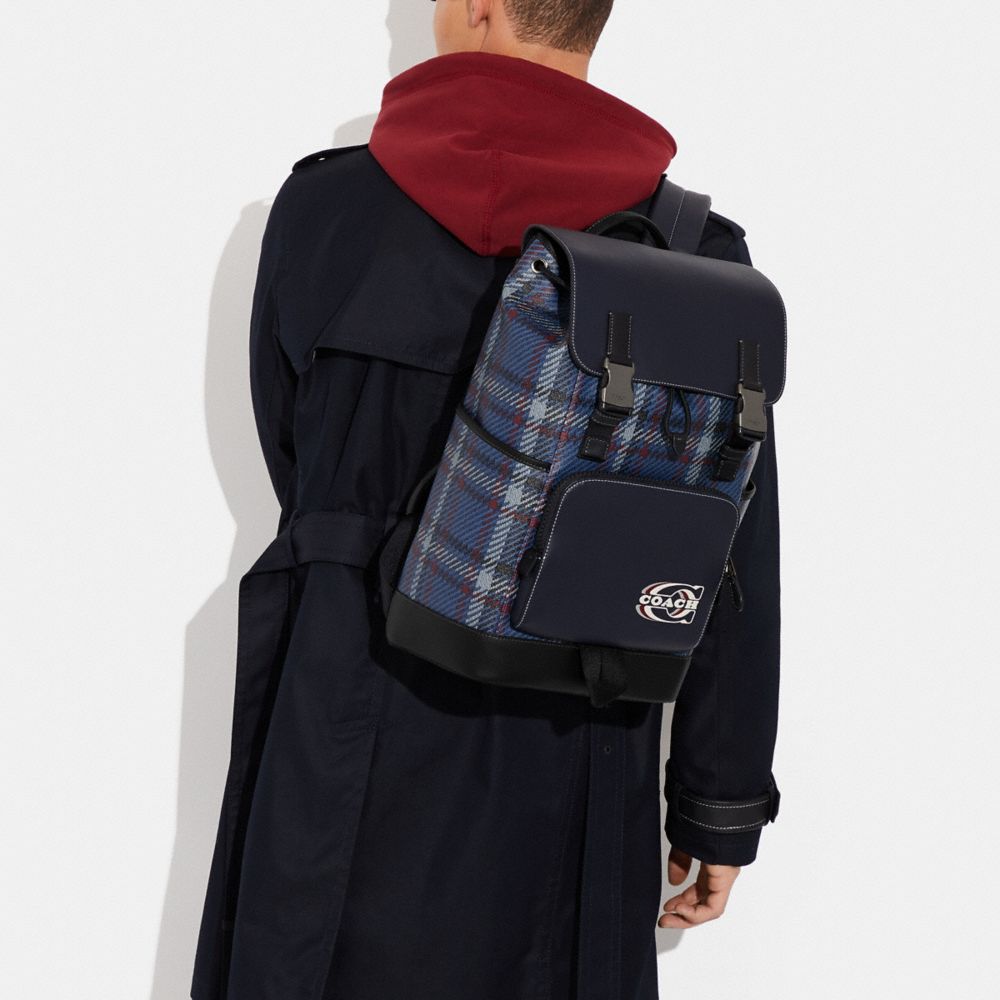 COACH®,TRACK BACKPACK WITH PLAID PRINT AND COACH STAMP,X-Large,Gunmetal/Midnight Navy Multi,Detail View