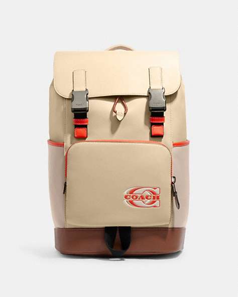 COACH®,TRACK BACKPACK IN COLORBLOCK WITH COACH STAMP,Black Antique Nickel/Steam/Sandy Beige Multi,Front View