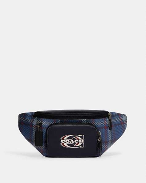 COACH®,TRACK BELT BAG WITH PLAID PRINT AND COACH STAMP,Medium,Gunmetal/Midnight Navy Multi,Front View