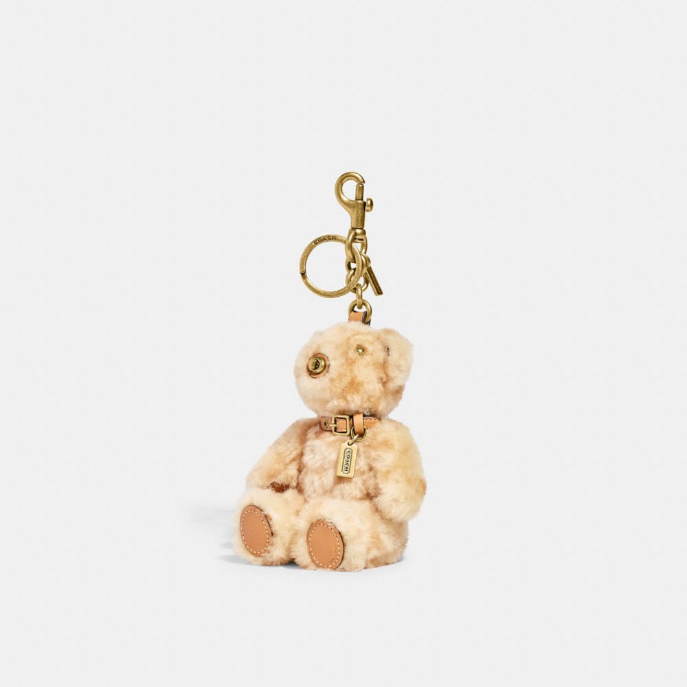 COACH®,BEAR BAG CHARM IN SIGNATURE SHEARLING,Leather,Mini,Brass/Beige,Front View