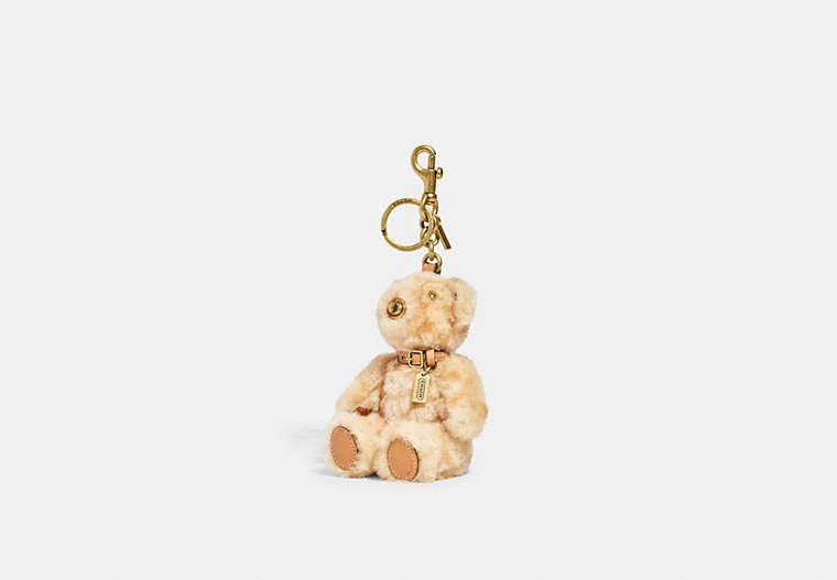 COACH®,BEAR BAG CHARM IN SIGNATURE SHEARLING,Leather,Mini,Brass/Beige,Front View
